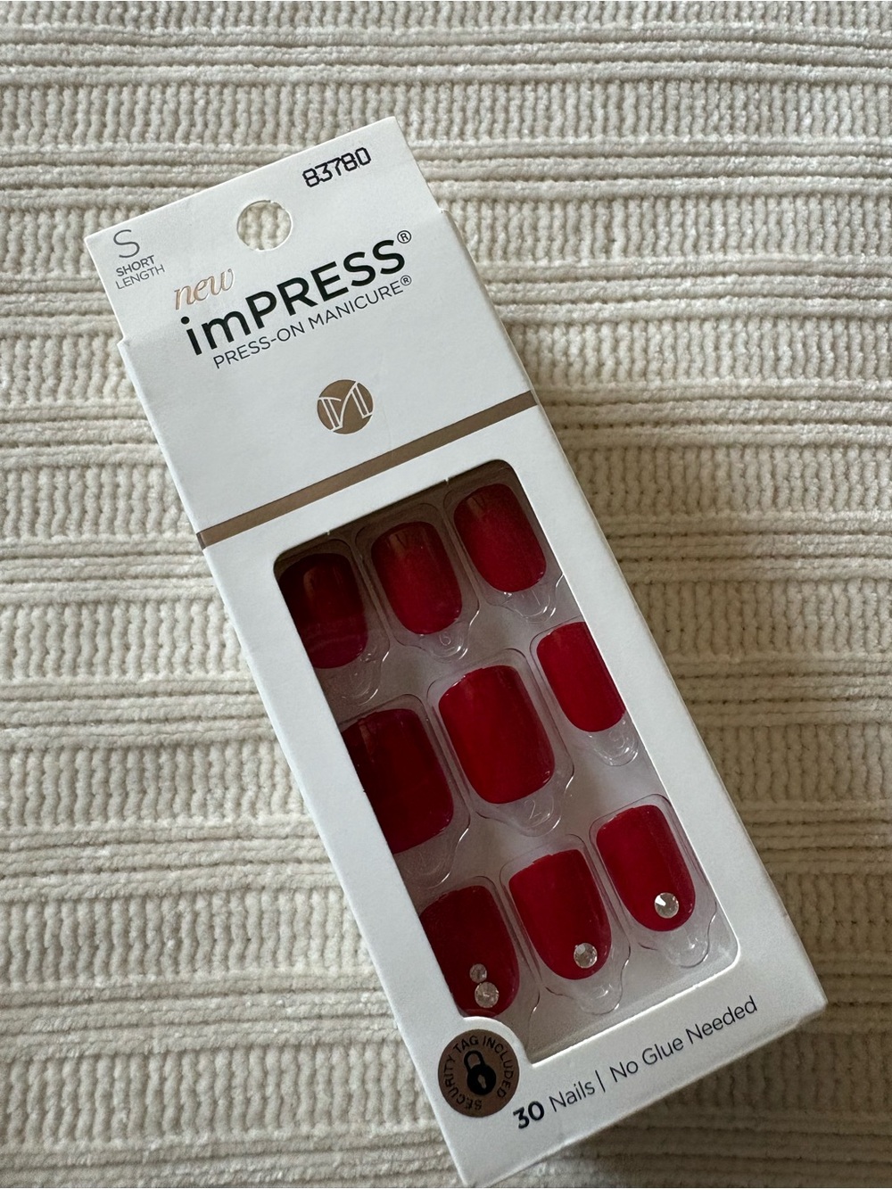 imPRESS Short Press-On Manicure in Bold Red with Accent Gems